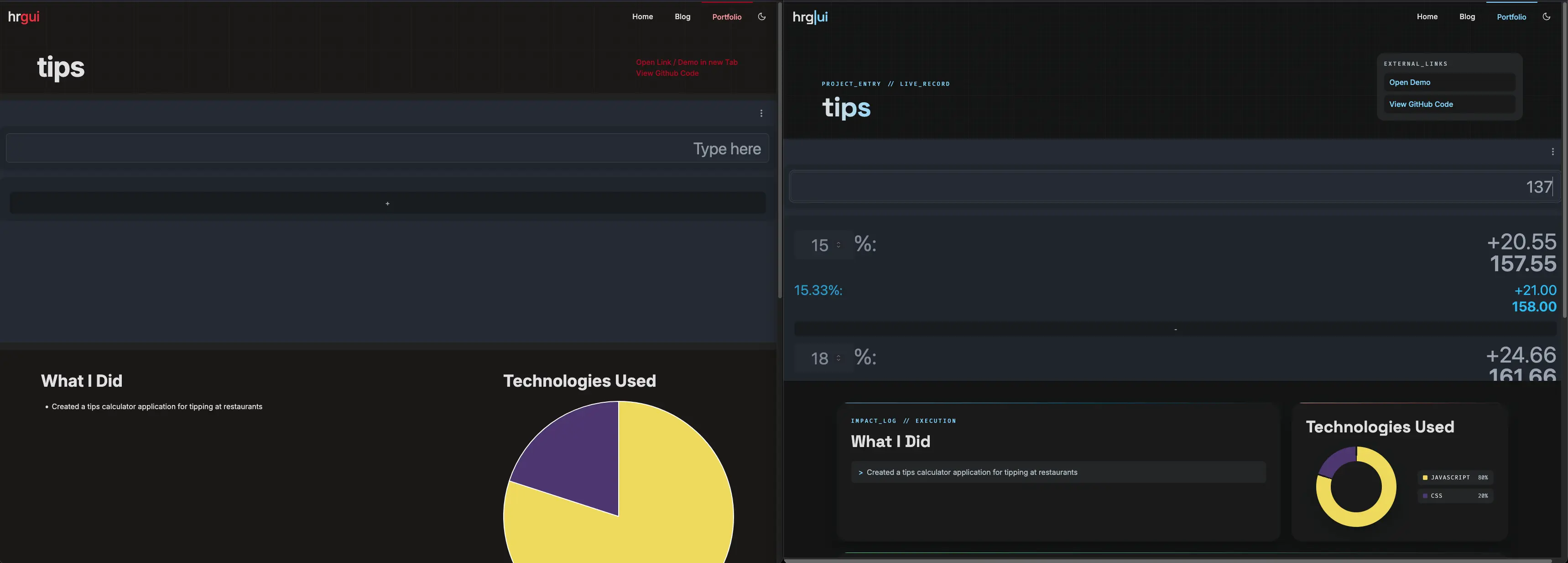 Portfolio entry page before and after